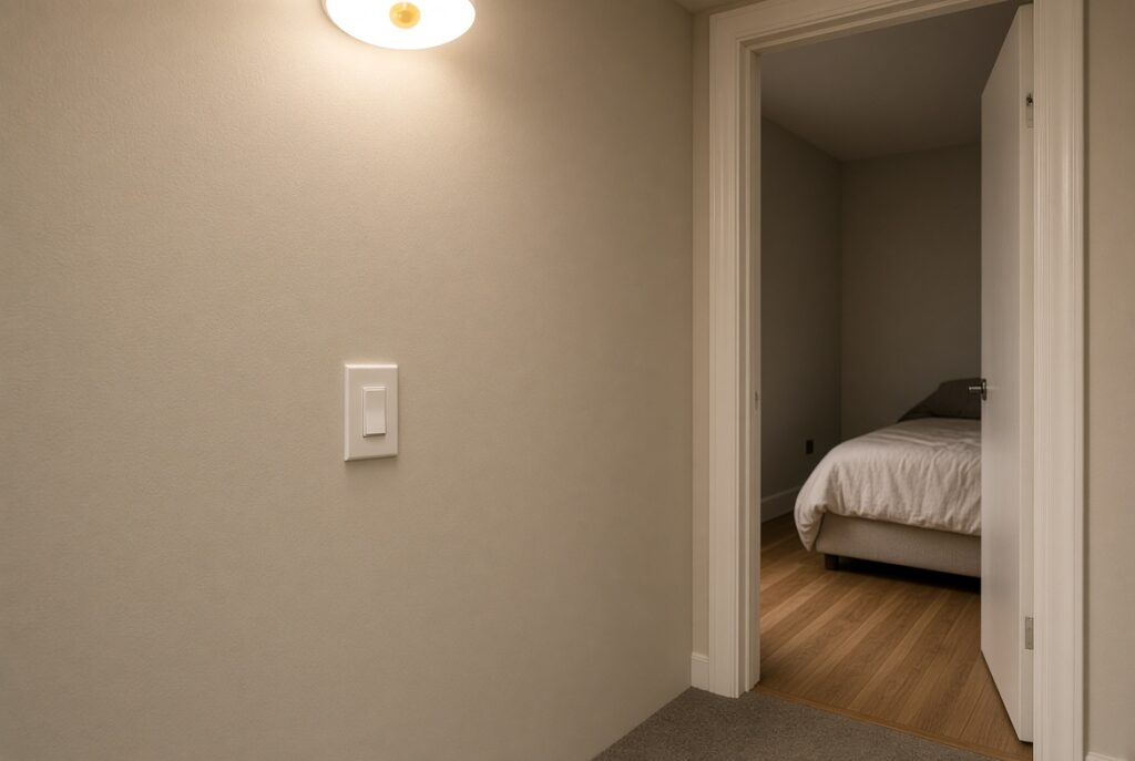 Hallway light switch beside a bedroom door