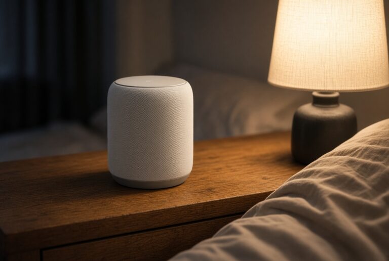 Voice speaker beside a bedside lamp