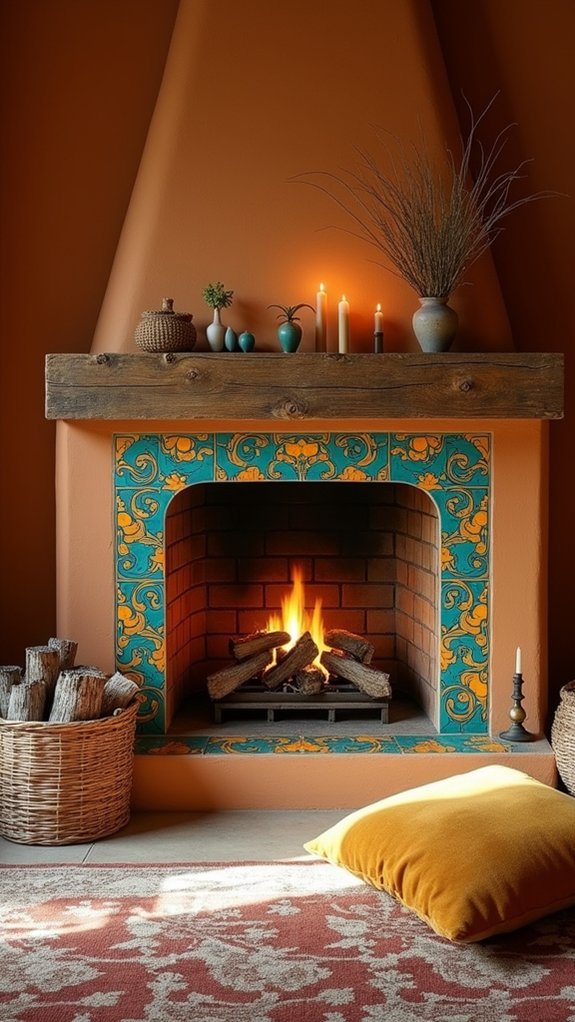 colorful tiled fireplace surround