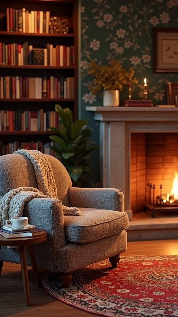 cozy fireplace reading nook