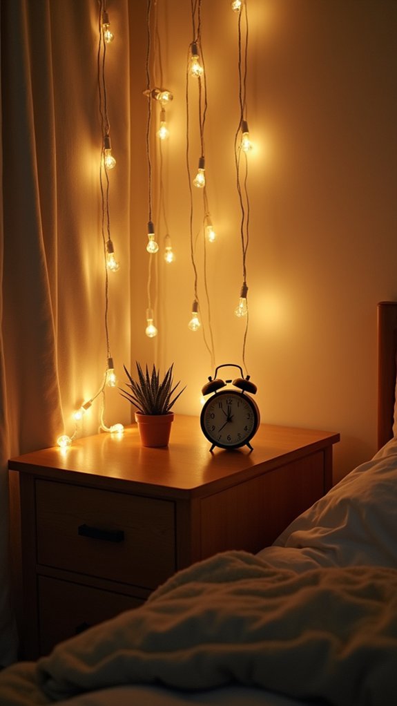 cozy nightstand string lights