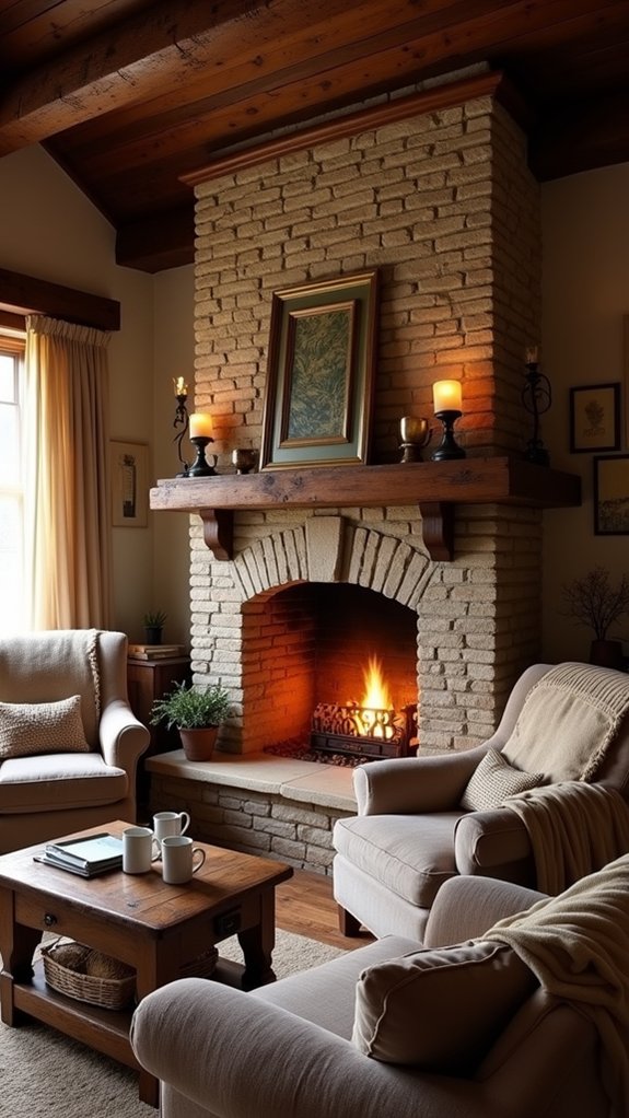 cozy rustic brick fireplace