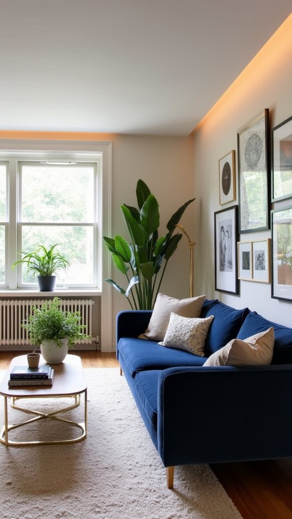 navy sofa as centerpiece