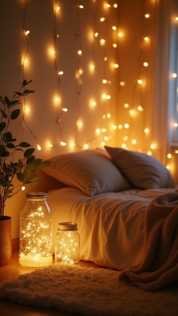 twinkling lights in jars