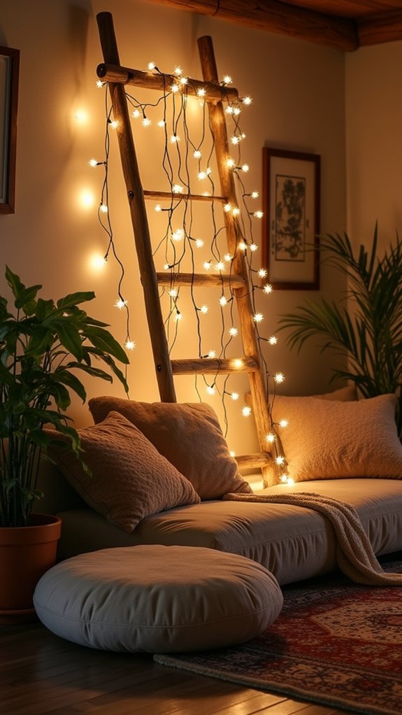 vintage ladder with string lights