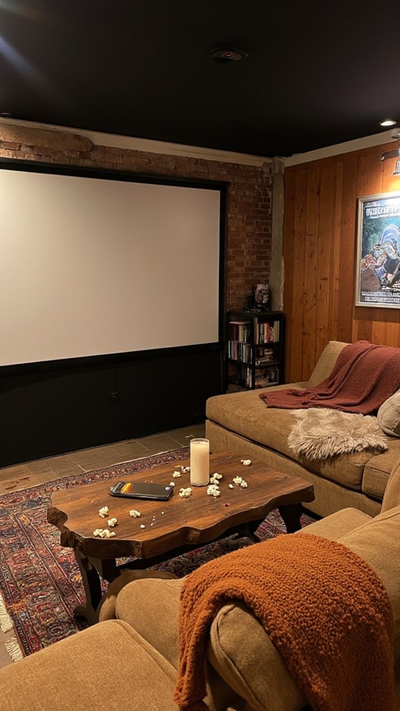 cozy basement movie setup