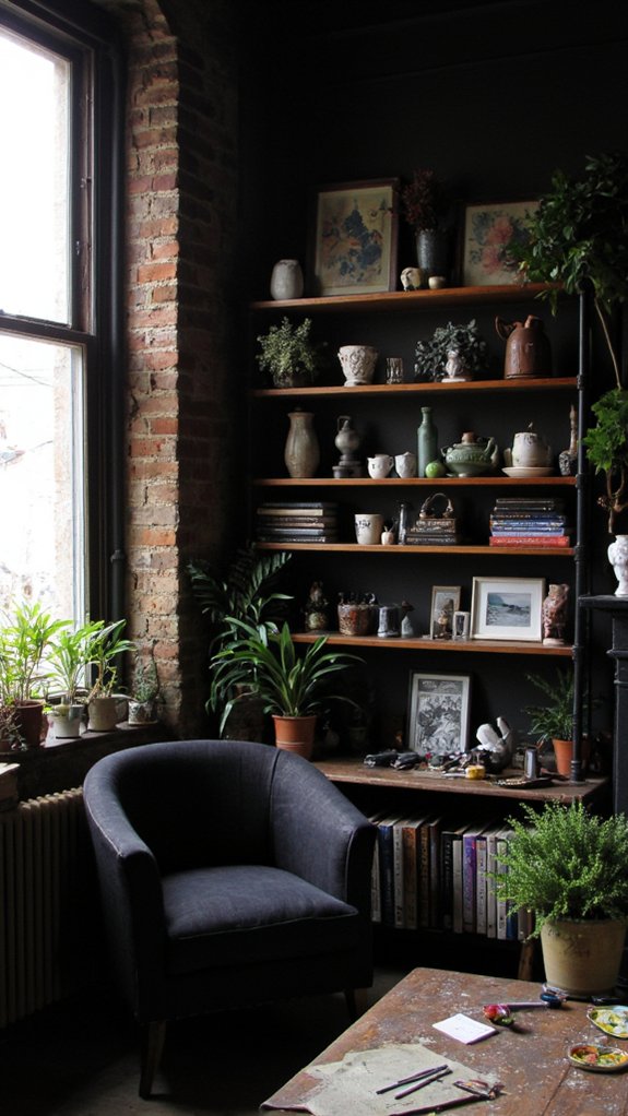 cozy dark shelving decor