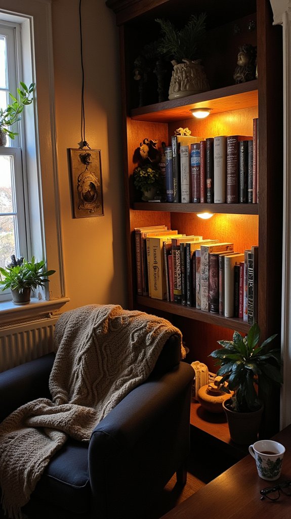 cozy illuminated bookshelf display