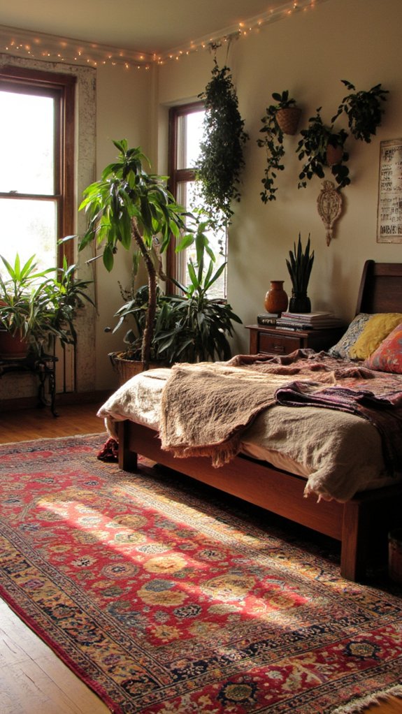 cozy rug enhances bohemian bedroom