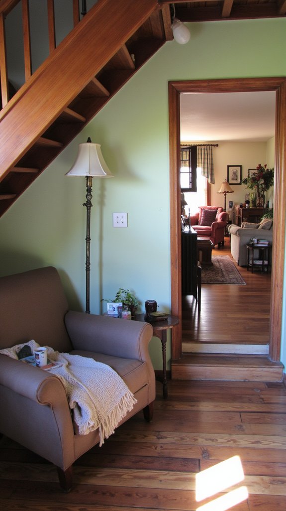 cozy under stairs reading nook