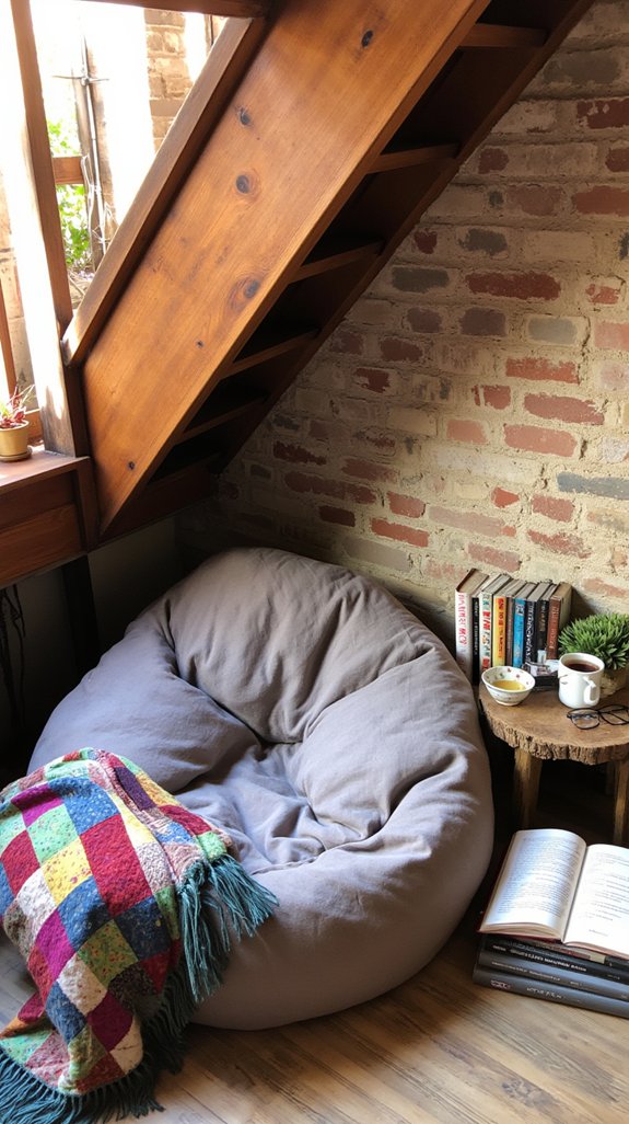 cozy under stairs reading nook