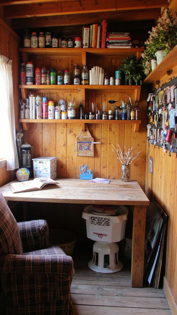 cozy wood paneled craft area