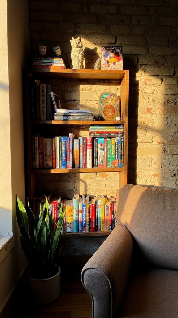 eclectic book and art display