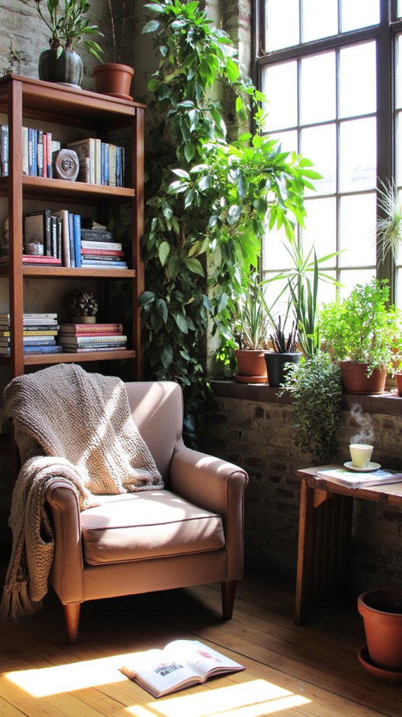 potted plants enhance reading nook