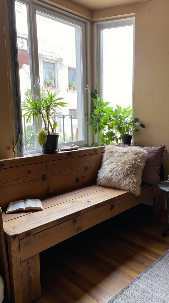 rustic bench with greenery