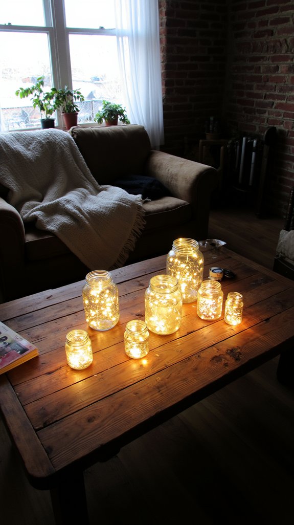 twinkling lights in jars