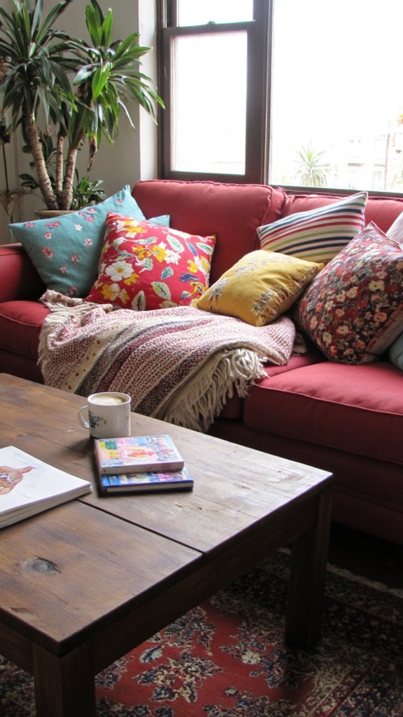 vibrant pillows enhance decor