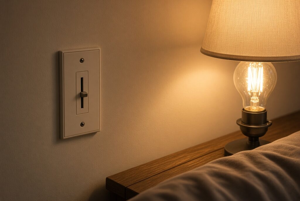Using Smart Bulbs with Dimmer Switches: Compatibility, Setup, and Best Practices Wall dimmer next to a glowing bedside lamp