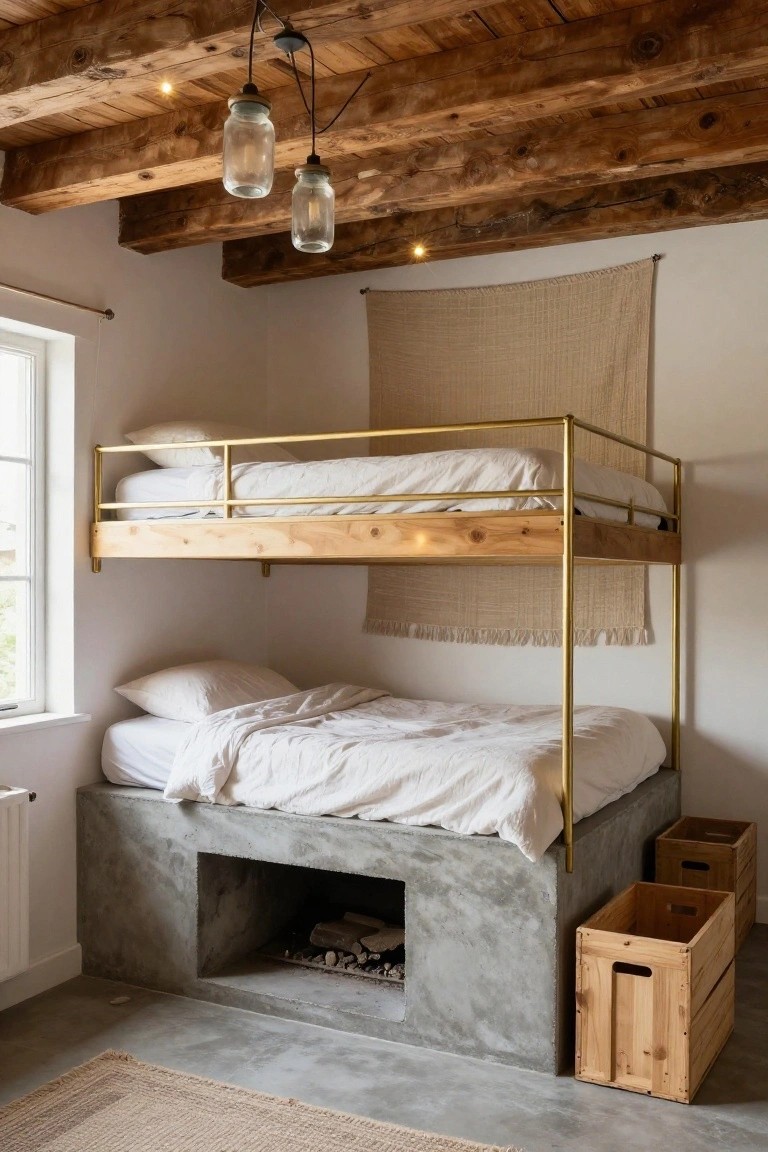A white bedroom with exposed wooden ceiling beams, a wall-mounted wooden bunk bed with gold metal frame above a concrete platform containing a small fireplace, mason jar pendant lights, and wooden crates nearby.