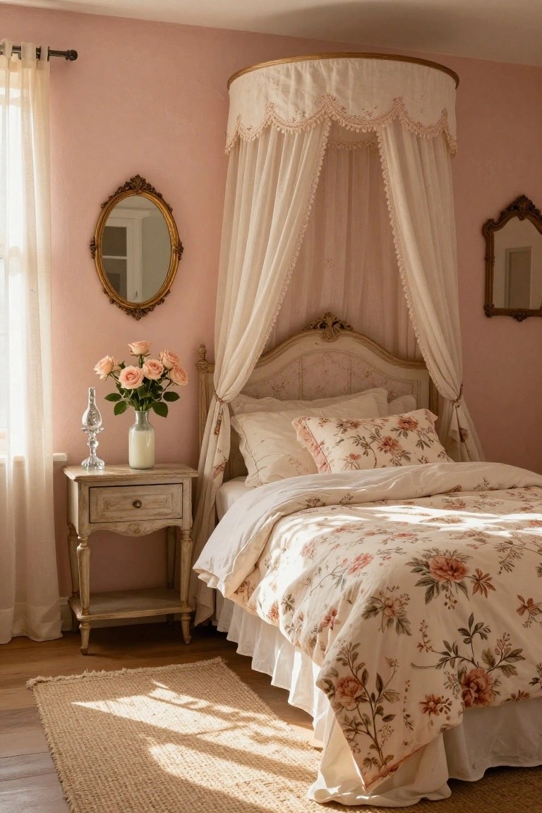 Pink bedroom with a white ornate canopy bed draped in sheer fabric, floral bedding, antique mirrors on walls, roses in a vase on a white nightstand, and sheer curtains on windows.