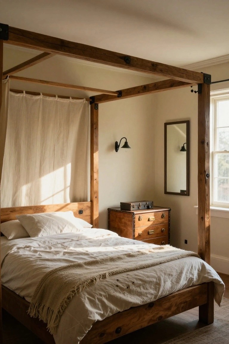 Bedroom with wooden canopy bed frame draped in sheer white curtains, white bedding and throw, wooden dresser with drawers, wall sconces, mirror, and window letting in natural light.