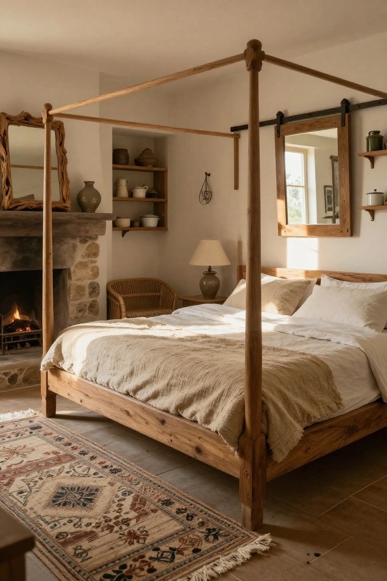 Bedroom interior with a large wooden four-poster bed draped in beige linens, a stone fireplace, rattan armchair, shelves holding pottery, and a woven rug on tiled floor.