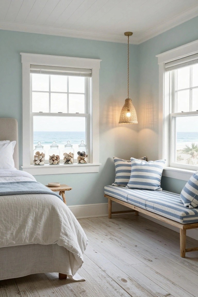 Bedroom with light blue walls, white wood trim, large windows overlooking the ocean, glass jars filled with seashells on the windowsill above a white linen bed, rattan pendant light, and blue-striped cushions on a wooden window bench.