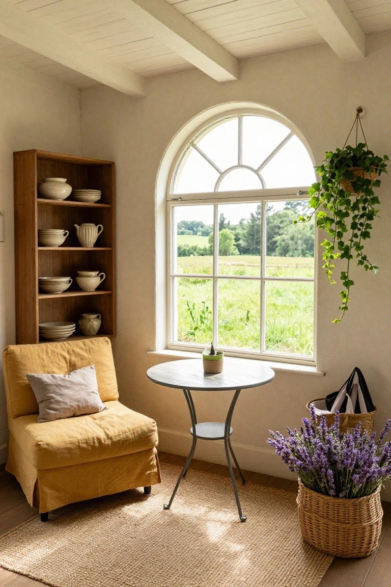 Light beige room with white beamed ceiling, wooden shelves displaying white pottery, yellow armchair with gray pillow next to small round table and plant by large arched window showing green fields, hanging ivy plant, black handbag, and basket of lavender on floor.