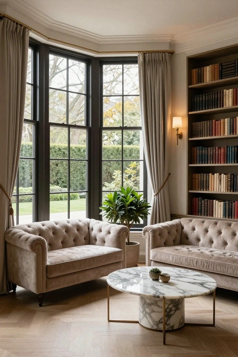 Two beige tufted velvet sofas face each other around a round white marble coffee table with gold legs in a bay window nook, flanked by built-in bookshelves and large windows showing a garden view.