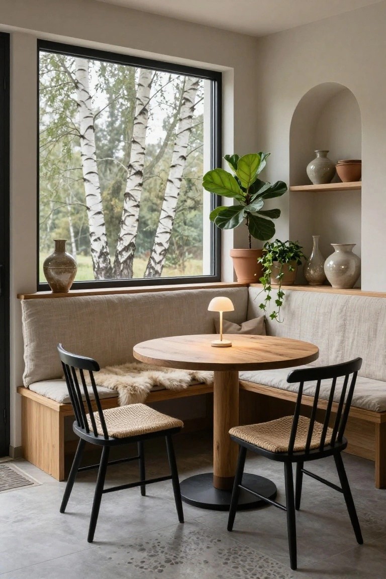 Beige built-in bench seating along a large black-framed window overlooking birch trees, with a round wooden table, two black chairs with rush seats, a small lamp, plants, and pottery on shelves in a light-colored room.