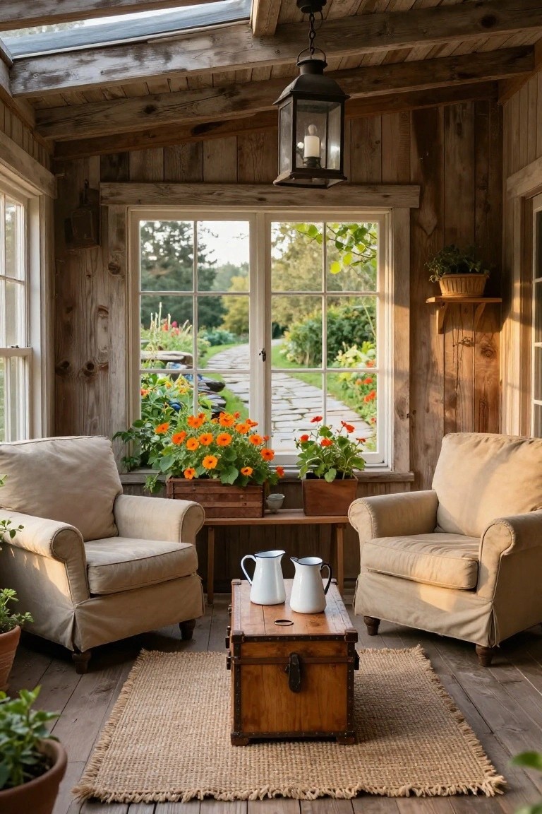 Rustic sunroom with wooden plank walls and ceiling, two beige slipcovered armchairs facing a wooden trunk table on a jute rug, potted plants, and large windows overlooking a garden path with flowers and trees.