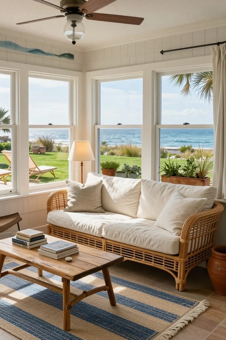 Bright sunroom interior with white rattan sofa, wooden coffee table holding books, potted plants, large windows overlooking green lawn, ocean, and distant palm trees.