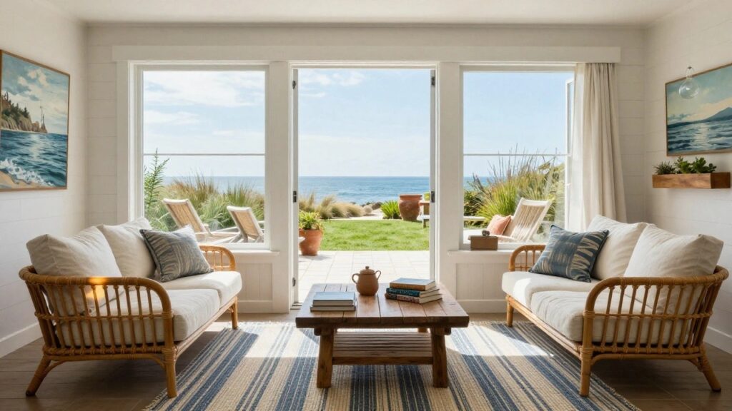 Bright sunroom interior with white rattan sofa, wooden coffee table holding books, potted plants, large windows overlooking green lawn, ocean, and distant palm trees.