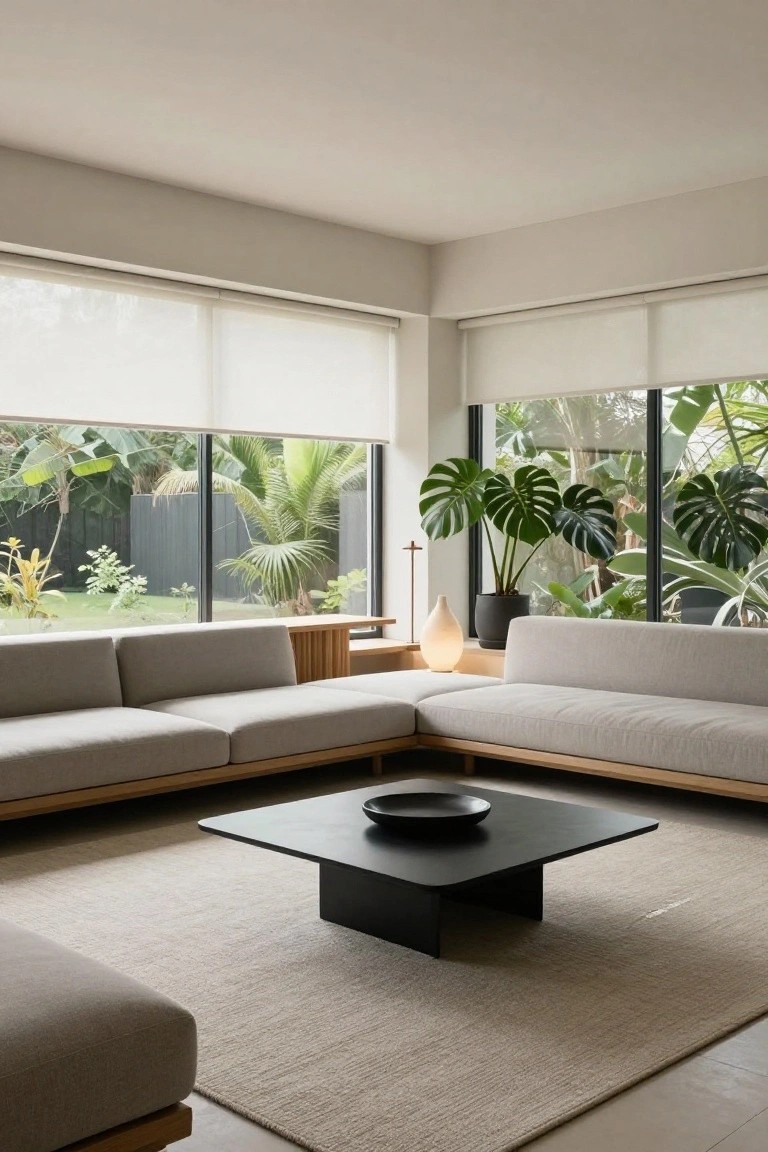 Modern interior with light gray L-shaped sofa in corner, black square coffee table with black bowl, wood side tables, large windows with sheer blinds showing tropical plants and garden outside.