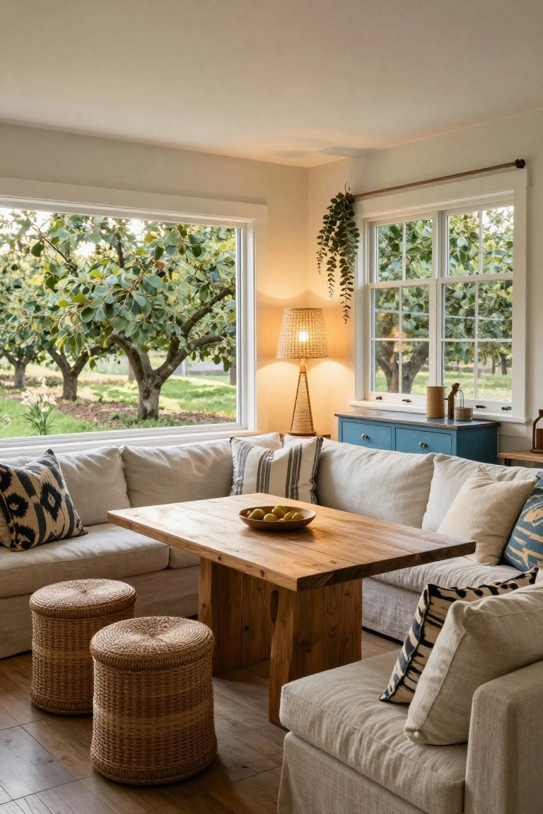 Sunroom interior with L-shaped beige sofa and patterned pillows around a wooden coffee table holding a bowl of lemons, two woven poufs, large windows showing fig trees and orchard, rattan lamp, and blue cabinet.