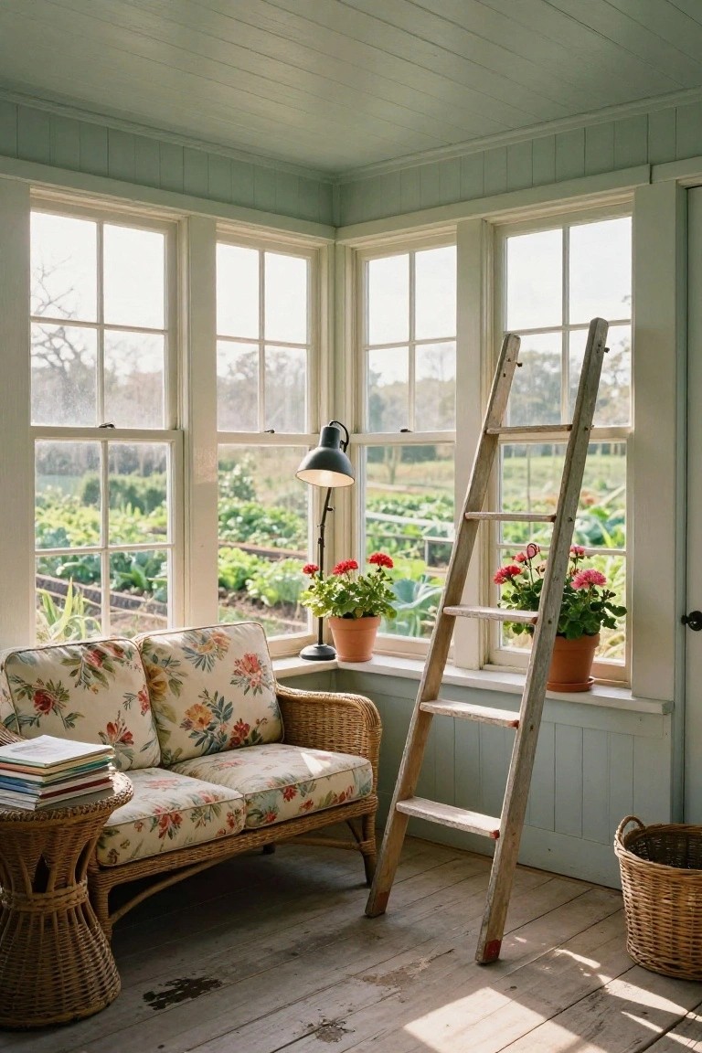 Sunroom corner with white-painted walls, large multi-pane windows overlooking garden beds, floral-upholstered loveseat on wooden floor, rattan side table with books, leaning wooden ladder holding potted red geraniums, desk lamp, and wicker basket.