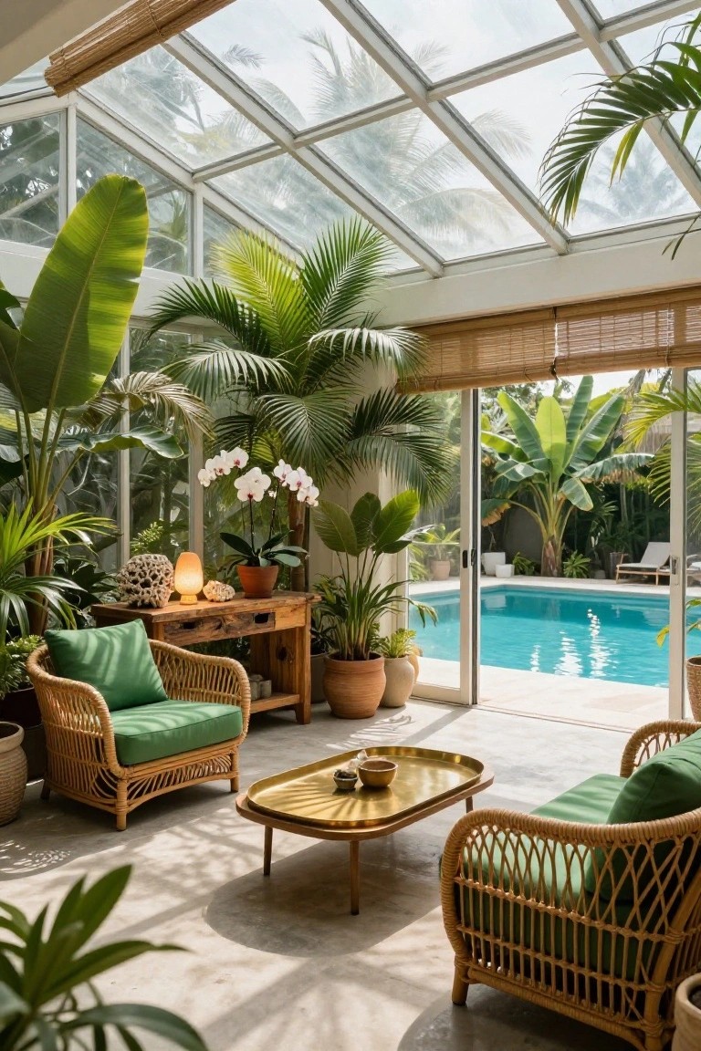 Sunroom enclosed by glass walls and ceiling with abundant tropical plants including palms and orchids, green rattan armchairs around a brass tray table, wooden side table with lamp, and sliding doors to a pool.