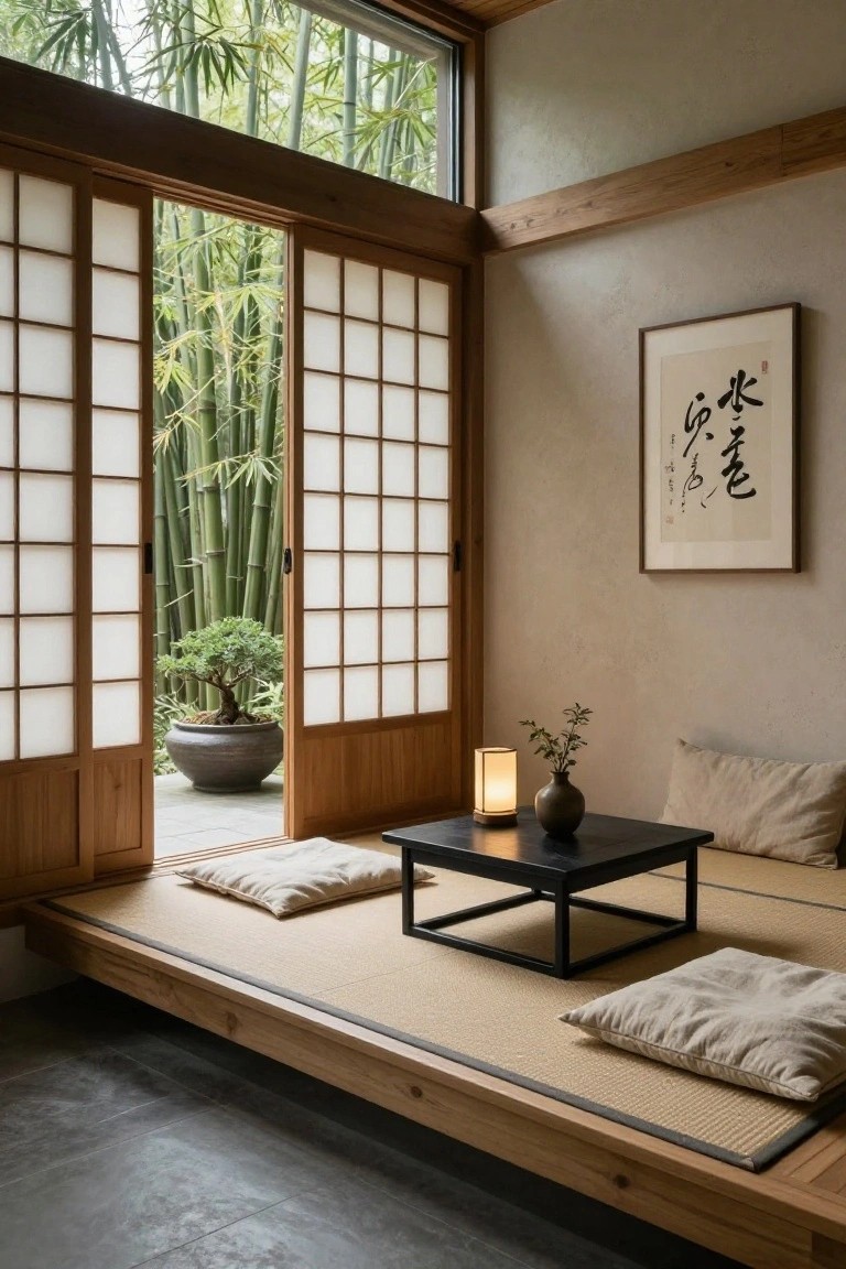 Minimalist Japanese-style interior room with open white shoji screens revealing a bamboo garden and bonsai tree in a black pot, low black table holding a lamp and vase, beige cushions on tatami mats, wooden frame, and neutral walls.