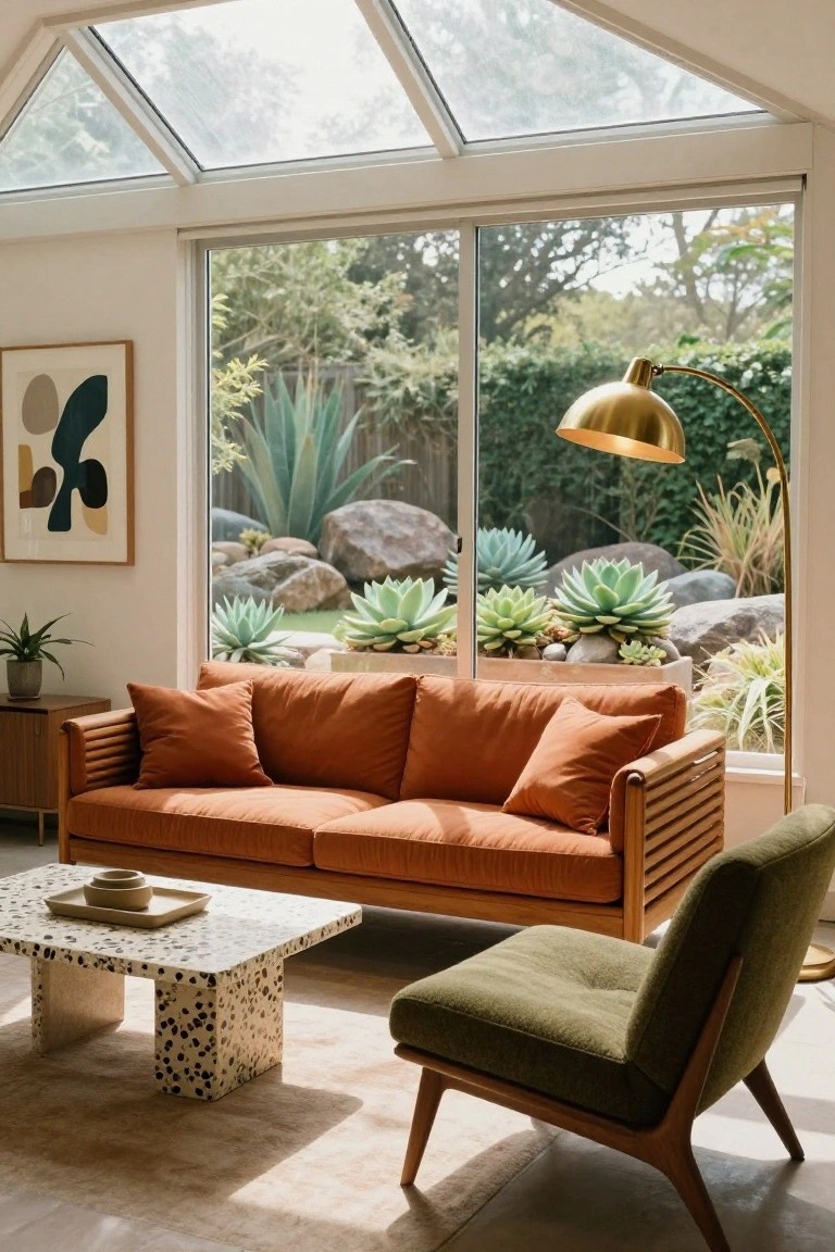 Sunroom with burnt orange sofa, green accent chair, speckled coffee table, potted plant, abstract wall art, gold arc lamp, large sliding glass doors to rock garden with succulents, and skylight ceiling.