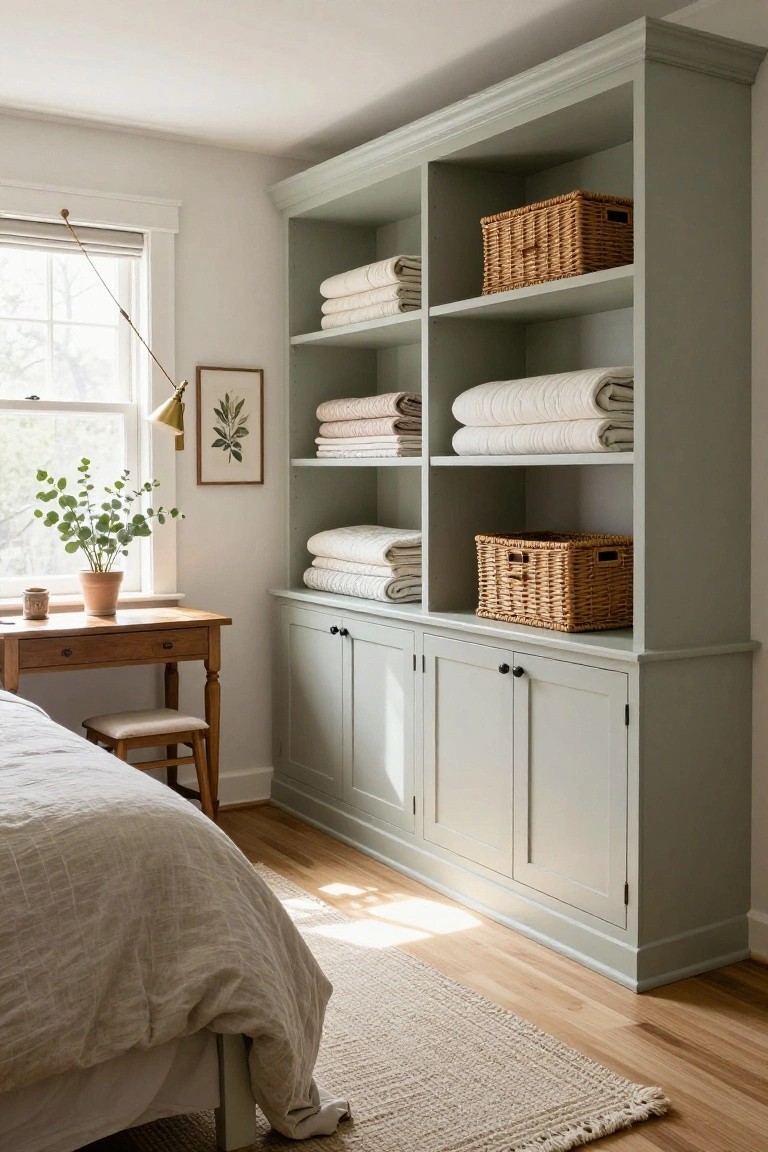 Sage green built-in shelving unit in bedroom corner with open shelves holding folded linens and wicker baskets, closed lower cabinets, wooden desk, potted plant, and bed nearby.