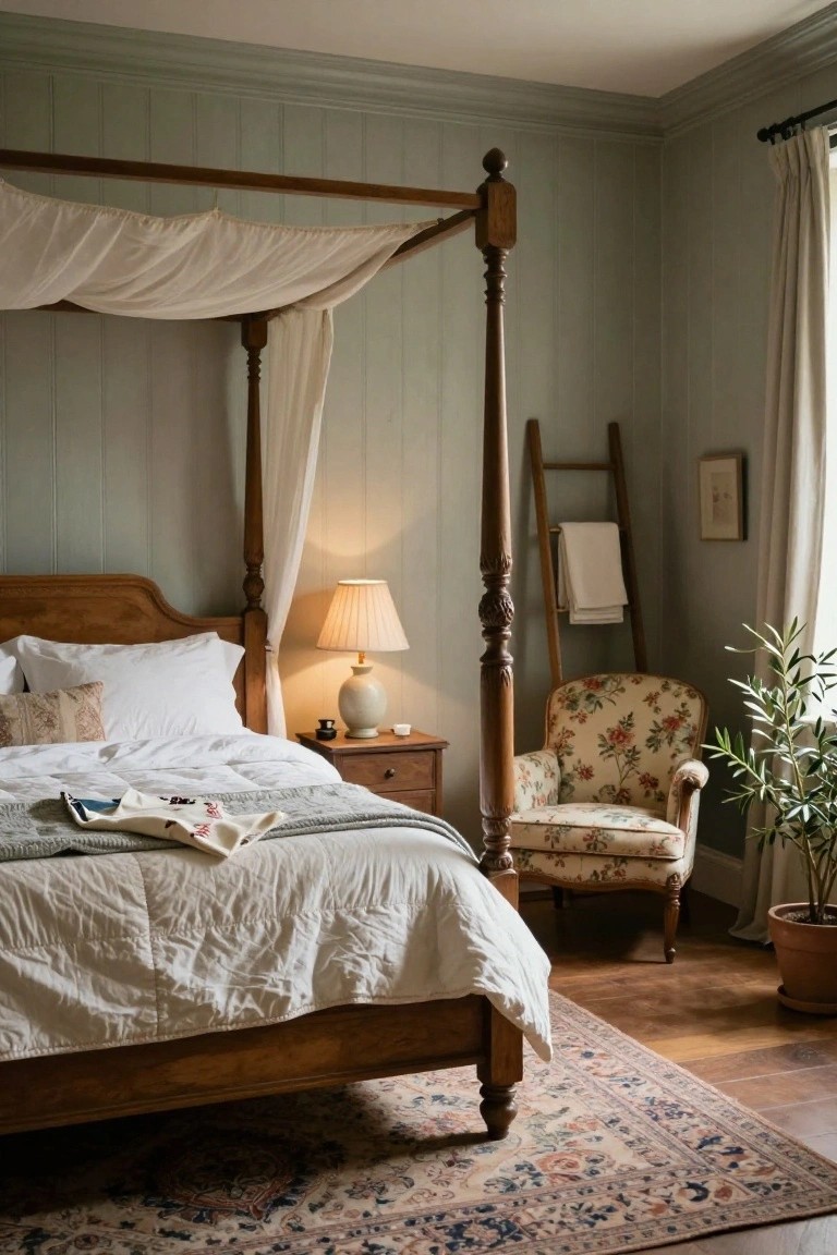 A cozy bedroom with sage green paneled walls, wooden four-poster bed draped in sheer white canopy, white bedding with gray throw, bedside table with lamp, floral armchair, wooden ladder holding white towels, potted olive plant, and patterned rug on hardwood floor.