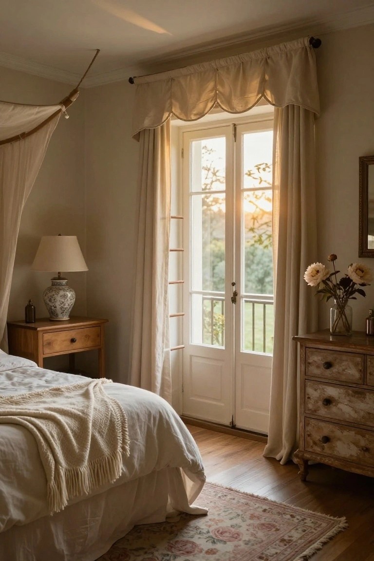 Bedroom with white bed under sheer canopy, wooden nightstand holding lamp and blue-and-white vase, French doors with cream drapes opening to garden balcony, neutral walls and wooden dresser.