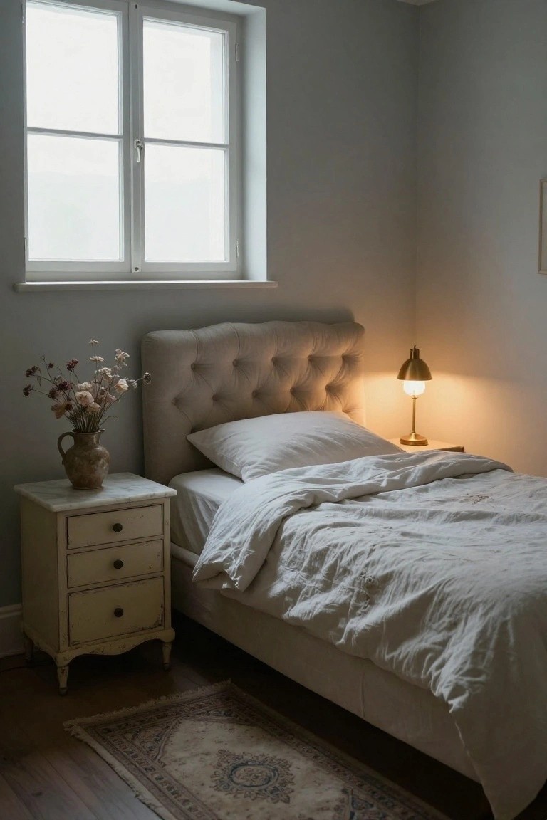 Bedroom corner with beige tufted upholstered headboard on bed covered in white linen duvet, beside painted wooden nightstand with lamp and vase of dried flowers, large window, pale gray walls, wooden floor, and small rug.