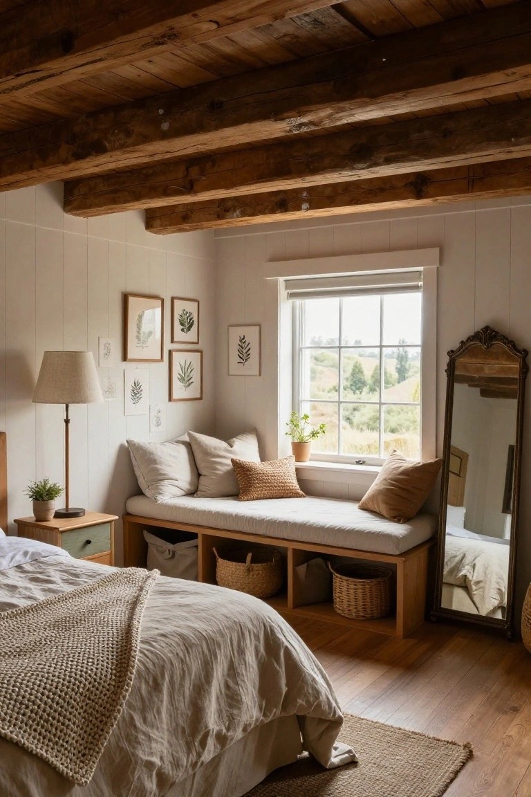 Bedroom corner featuring a built-in wooden window bench with white cushions, tan pillows, and woven storage baskets underneath, beside a bed with beige linens, under exposed wooden beams, next to a large window showing a rural landscape.