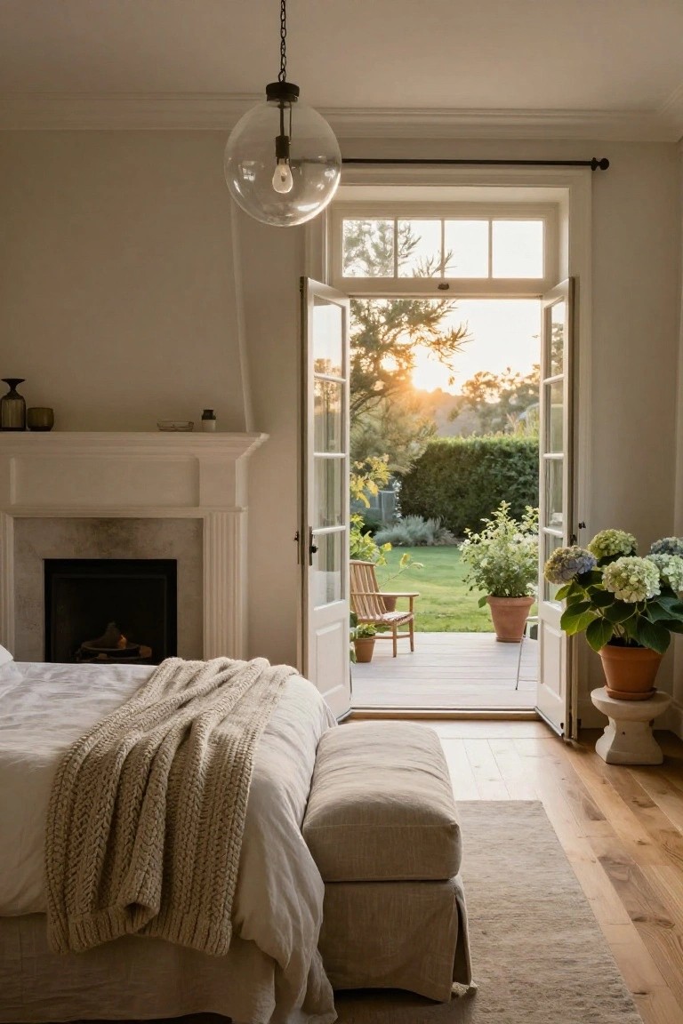 A bedroom interior with a white fireplace mantel, bed covered in white linens and a beige knit throw, beige ottoman, potted plants, and open French doors showing a wooden deck, garden plants, trees, and sunset sky.