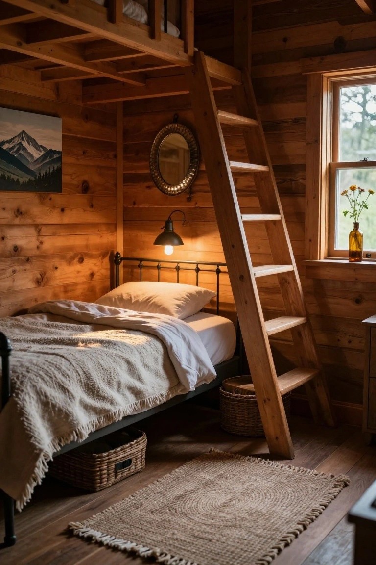 Wooden cabin bedroom with lower iron bed under a loft bed accessed by a tall wooden ladder, warm pendant light, round mirror, mountain artwork, and window with flowers in vase.