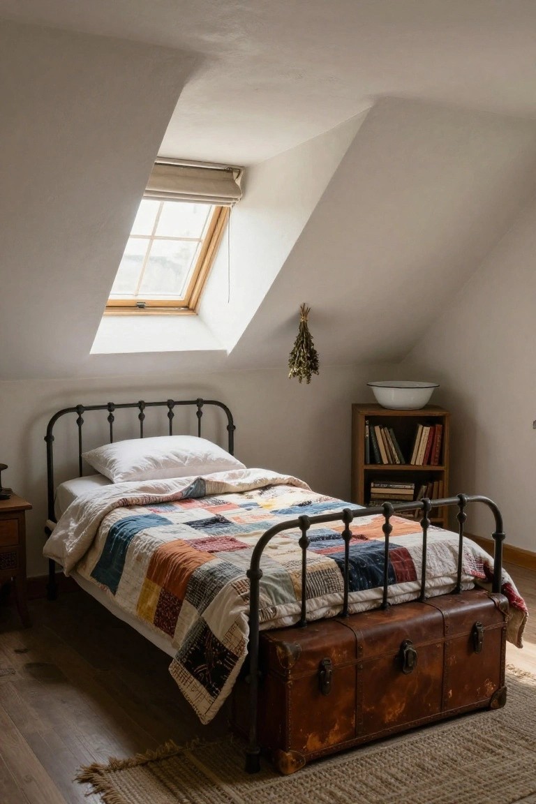 Attic bedroom with white sloped ceilings, skylight window, black iron single bed covered in colorful patchwork quilt and white sheets, brown leather trunk at foot of bed, wooden side table, bookshelf, and wooden floor.