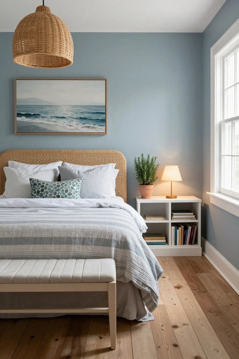 Light blue bedroom with rattan headboard, white pillows including one teal patterned, striped gray duvet, nightstand with potted rosemary and white lamp, books on shelf, wooden bench at bed foot, seascape painting on wall, and hardwood floors.