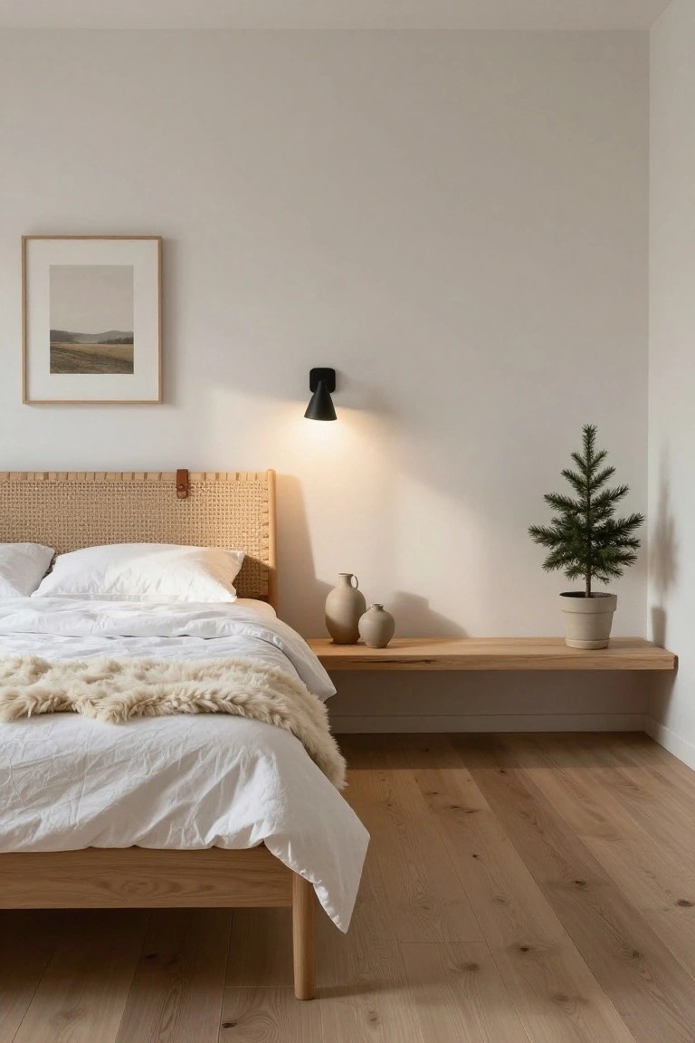 Light bedroom with wooden bed frame and rattan headboard, white sheets and fur throw, floating oak shelf with two ceramic vases and potted small fir tree, black wall sconce lit up, and framed abstract landscape print on beige wall above oak flooring.