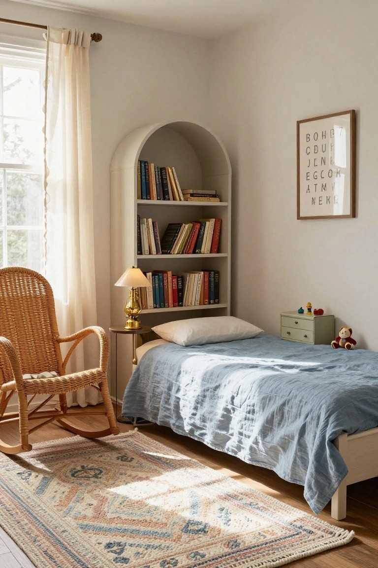 A child's bedroom with a white arched bookshelf filled with books, a rattan rocking chair beside a low bed draped in blue linen bedding, a brass lamp on a side table, sheer curtains on the window, toys on a green dresser, and a patterned rug on wooden floors.